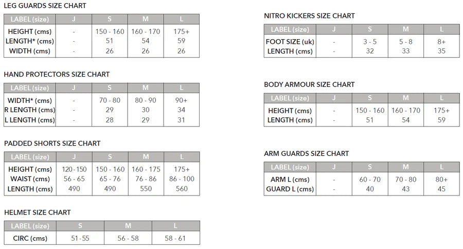 Size chart for Grays Nitro 500 Padded Goalie Shorts—measurements in centimeters for S, M, and L. Features polymer armour and high-density foam padding at hip and thigh.