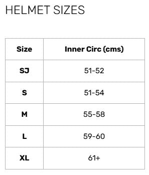The Gray Nicolls Ultimate 360 Pro Cricket Helmet size chart: SJ (51-52 cm), S (51-54 cm), M (55-58 cm), L (59-60 cm), XL (61+ cm) inner circumference, for best fit and neck protection.