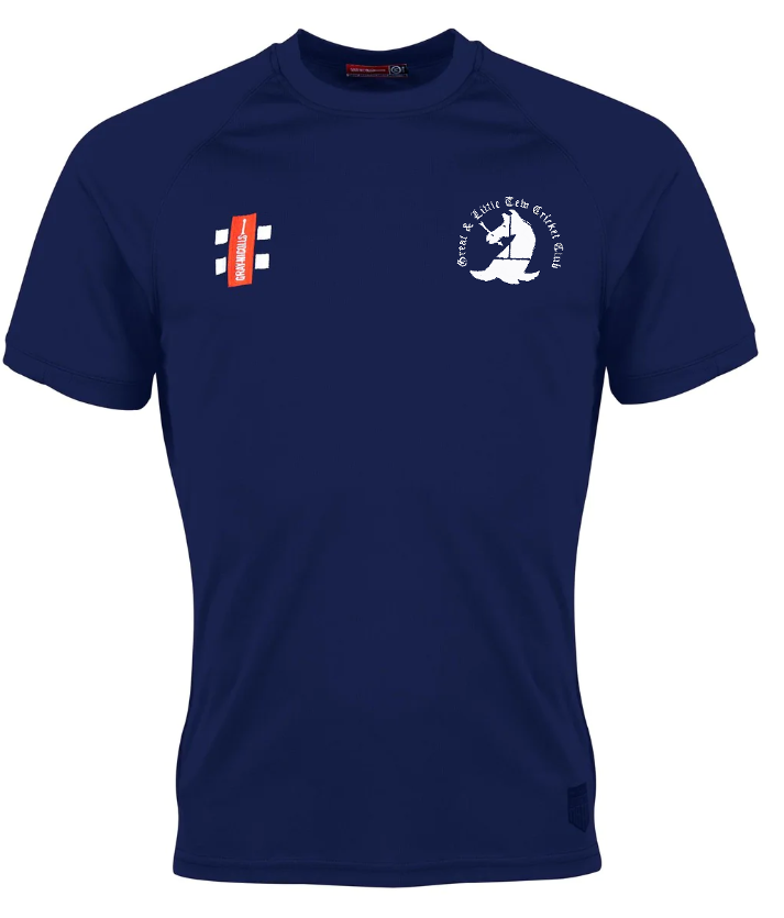 The Gray Nicolls Great Tew CC Matrix V2 T-Shirt in navy features short sleeves and two white logos—Great Tew CC badge with red stripe and stumps on the left chest, sailing club logo on the right. Ideal for high intensity training.