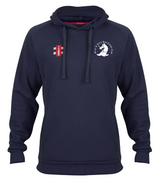 The Great Tew CC Velocity Hoodie by Gray Nicolls is navy blue, made from sustainable cotton, with a white dog logo and Great Tew CC text on the left chest, a small red and white patch on the right, plus front pocket and drawstrings.