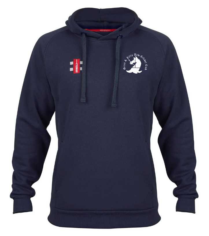 The Great Tew CC Velocity Hoodie by Gray Nicolls is navy blue, made from sustainable cotton, with a white dog logo and Great Tew CC text on the left chest, a small red and white patch on the right, plus front pocket and drawstrings.