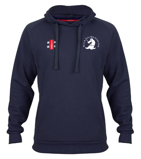 The Great Tew CC Velocity Hoodie by Gray Nicolls is navy blue, made from sustainable cotton, with a white dog logo and Great Tew CC text on the left chest, a small red and white patch on the right, plus front pocket and drawstrings.