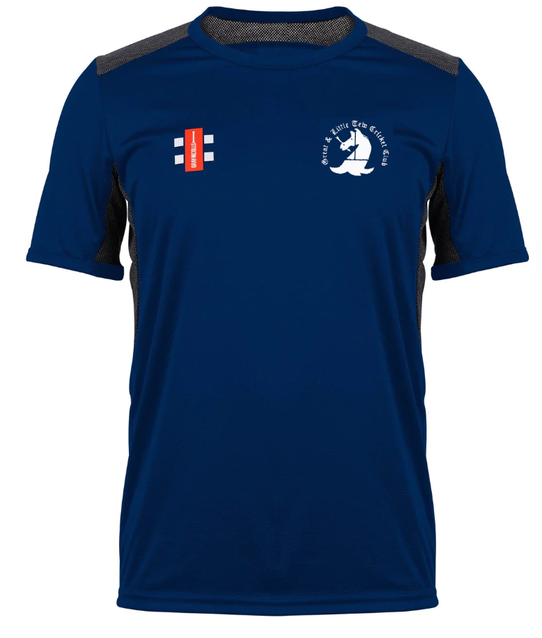 The Gray Nicolls Great Tew CC Pro Performance T-Shirt is a blue, short-sleeve athletic top with black mesh panels, a white emblem and text on the left chest, and a red and white logo on the right. Made from fast-drying fabric for peak performance.