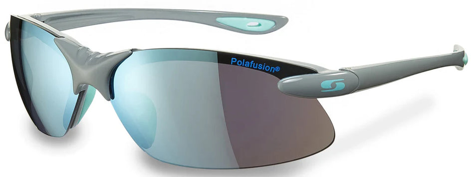 The Sunwise Greenwich Sunglasses by Sunwise feature a grey frame, mirrored blue-tinted polarised lenses with UV protection, light blue arm accents, and curved earpieces for comfort. "Polafusion" is labeled on the right lens.
