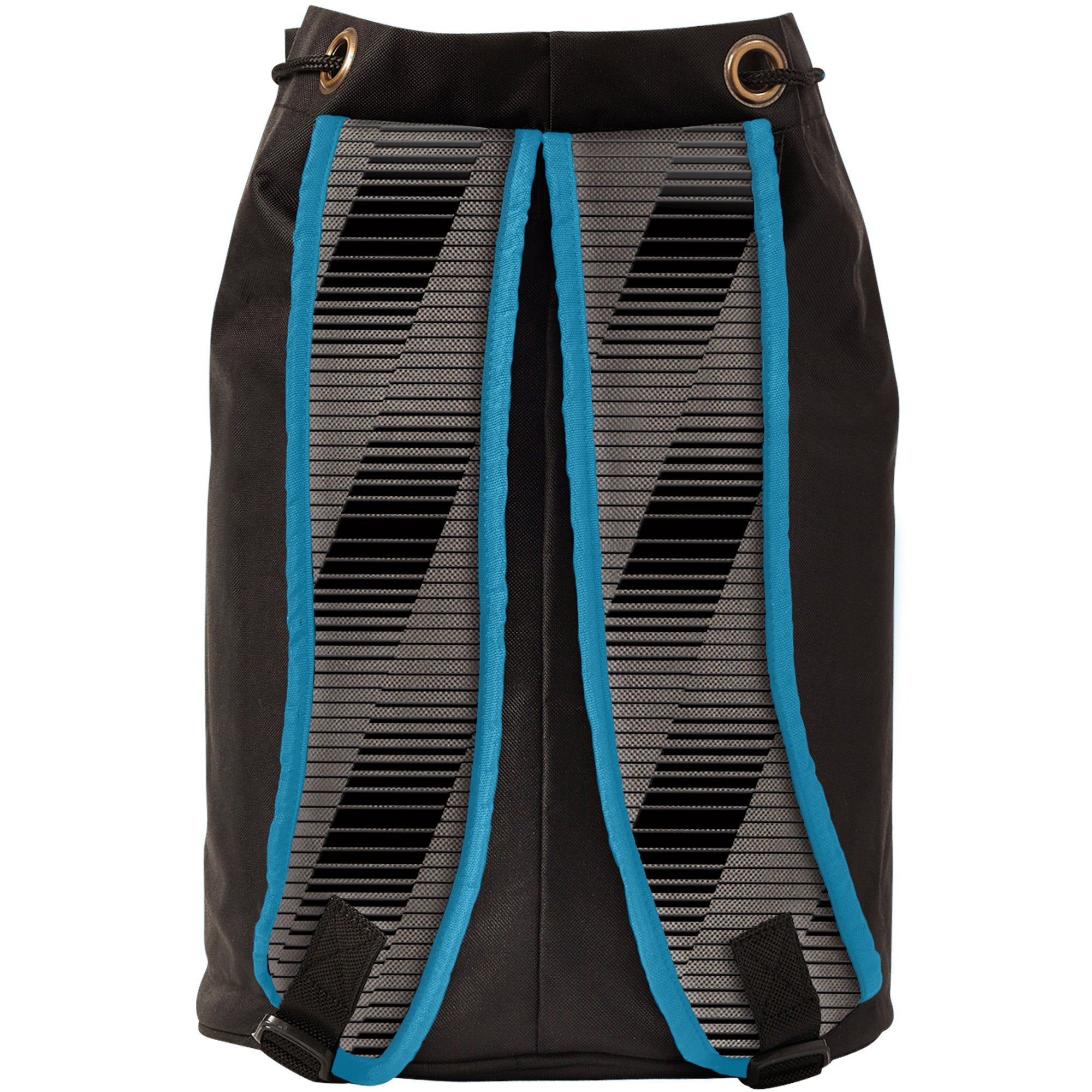 The Gunn & Moore Cricket Ball Bag - Black/Blue by Gunn & Moore is a durable black drawstring backpack, showcased from the back with black and gray striped straps outlined in blue and two metal grommets at the top. Featuring adjustable shoulder straps and sturdy construction, this versatile bag is perfect as a stylish cricket ball bag or for everyday use.