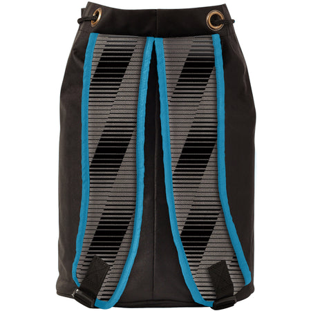 The Gunn & Moore Cricket Ball Bag - Black/Blue by Gunn & Moore is a durable black drawstring backpack, showcased from the back with black and gray striped straps outlined in blue and two metal grommets at the top. Featuring adjustable shoulder straps and sturdy construction, this versatile bag is perfect as a stylish cricket ball bag or for everyday use.