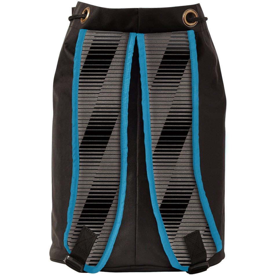 The Gunn & Moore Cricket Ball Bag - Black/Blue by Gunn & Moore is a durable black drawstring backpack, showcased from the back with black and gray striped straps outlined in blue and two metal grommets at the top. Featuring adjustable shoulder straps and sturdy construction, this versatile bag is perfect as a stylish cricket ball bag or for everyday use.