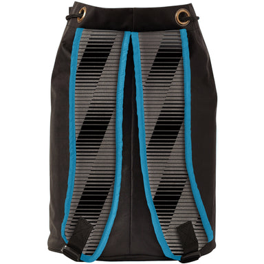 The Gunn & Moore Cricket Ball Bag - Black/Blue by Gunn & Moore is a durable black drawstring backpack, showcased from the back with black and gray striped straps outlined in blue and two metal grommets at the top. Featuring adjustable shoulder straps and sturdy construction, this versatile bag is perfect as a stylish cricket ball bag or for everyday use.