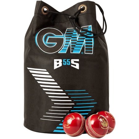A Gunn & Moore Cricket Ball Bag in black and blue, featuring the brand's signature graphics, durable construction, and adjustable shoulder straps, sits next to three red cricket balls with gold text and stitching.