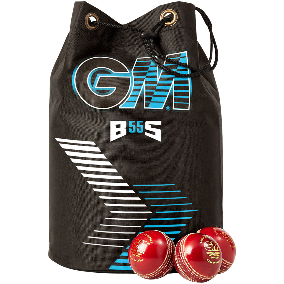 A Gunn & Moore Cricket Ball Bag in black and blue, featuring the brand's signature graphics, durable construction, and adjustable shoulder straps, sits next to three red cricket balls with gold text and stitching.