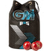 A Gunn & Moore Cricket Ball Bag in black and blue, featuring the brand's signature graphics, durable construction, and adjustable shoulder straps, sits next to three red cricket balls with gold text and stitching.