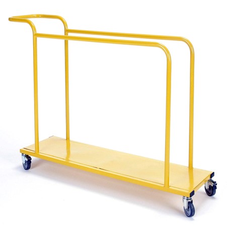 The Niels Larsen Junior Vertical Mat Trolley is a yellow steel trolley with heavy duty castors and side rails, designed by Niels Larsen for transporting large, flat items.