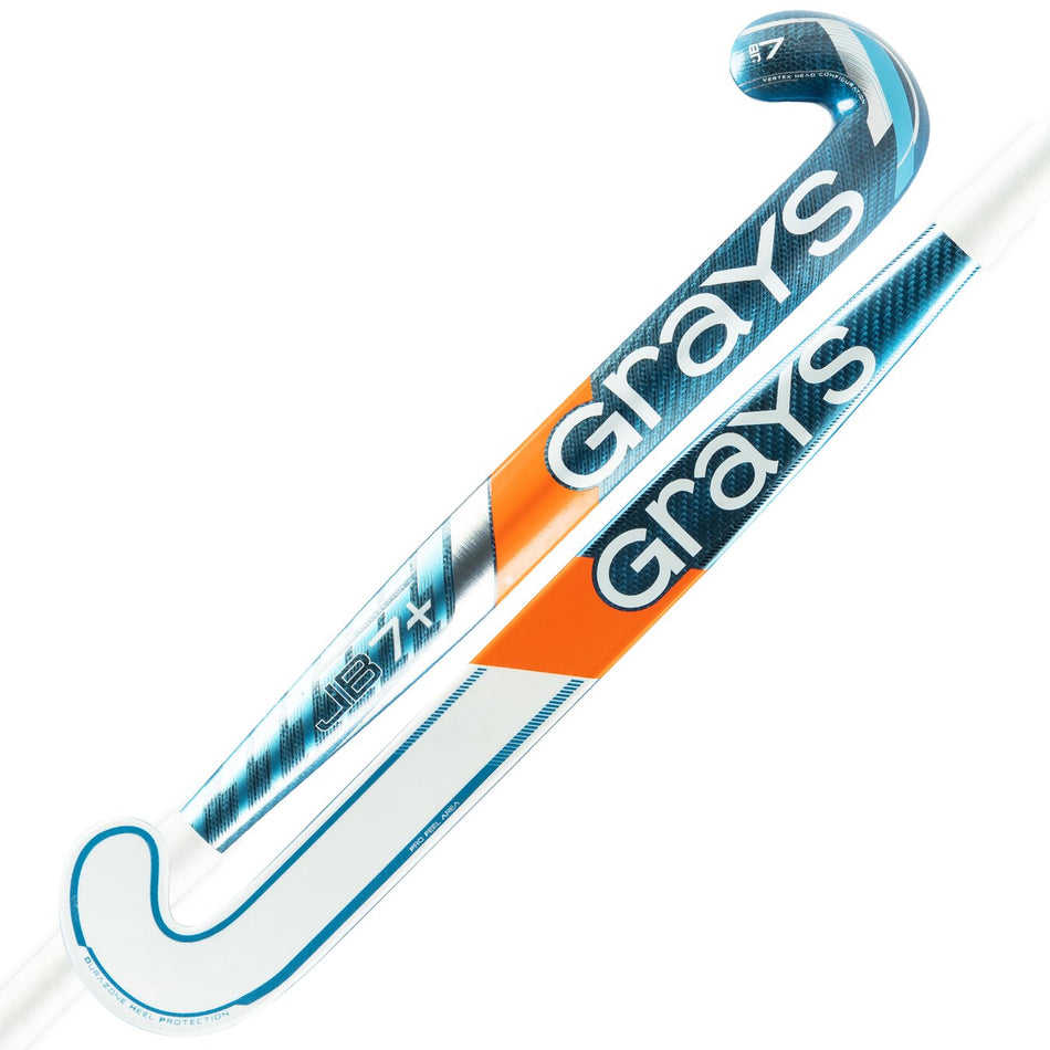 Two Grays JB 7+ Senior Hockey Sticks 2026 in blue, white, and orange with striking branding are shown diagonally—front and back sides—on a white background. Crafted with advanced graphene for intermediate performance.