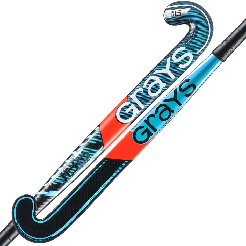 A close-up of the Grays DB6 Junior Hockey Stick in black and blue, featuring the Grays logo and a curved head designed for enhanced 3D skill execution.