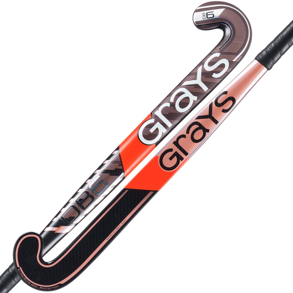 Two views of the Grays DB6 Junior Hockey Stick, featuring a curved head in metallic pink and bold "GRAYS" branding along the shaft—designed for excellent 3D skill execution.