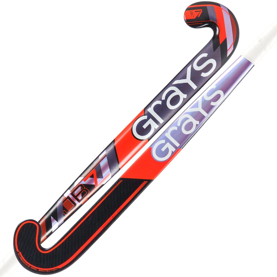 Two Grays Jumbow 7 Senior Hockey Sticks, each in black, red, and purple with bold diagonal stripes, feature the popular Jumbow shape for optimal drag-flicking and display the number 7 near the curved end.