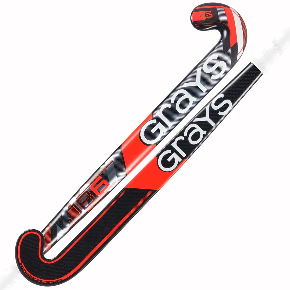 Two Grays Jumbow 6 Senior Hockey Sticks with a sleek black, red, and white design, featuring the Jumbow blade profile—perfect for advanced drag-flicking techniques.