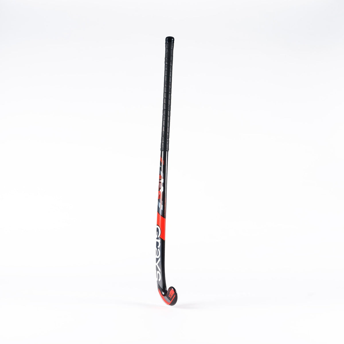 The Grays Jumbow 6 Senior Hockey Stick by Grays, featuring a black and red design with a Jumbow blade profile and curved end, stands upright against a plain white background.
