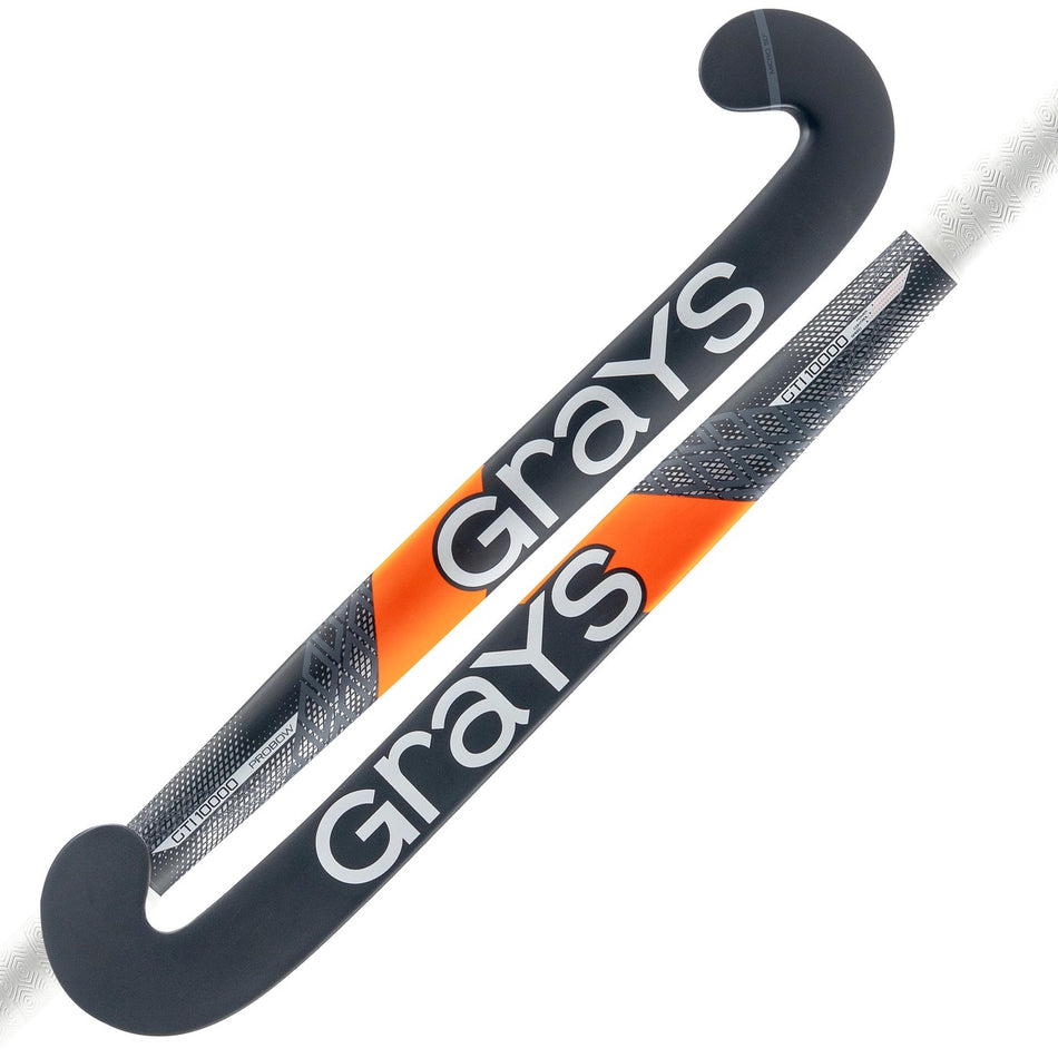 Two black Grays GTI10000 Probow Indoor Hockey Sticks with curved ends, bold white “Grays” branding, and an orange-gray geometric design by the handle.
