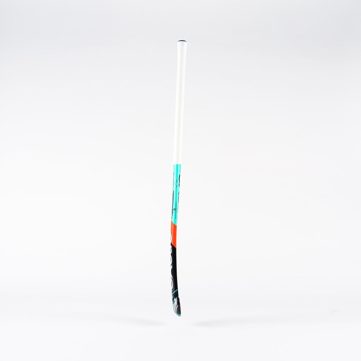 The Grays MB6 Junior Hockey Stick by Grays features an enhanced grip, a white handle with light blue and orange accents, and a black blade. It is shown upright against a plain white background.