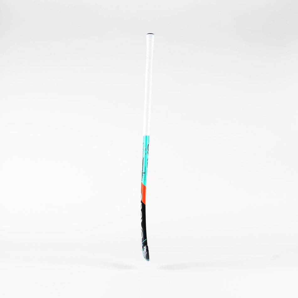 The Grays MB6 Junior Hockey Stick by Grays features an enhanced grip, a white handle with light blue and orange accents, and a black blade. It is shown upright against a plain white background.