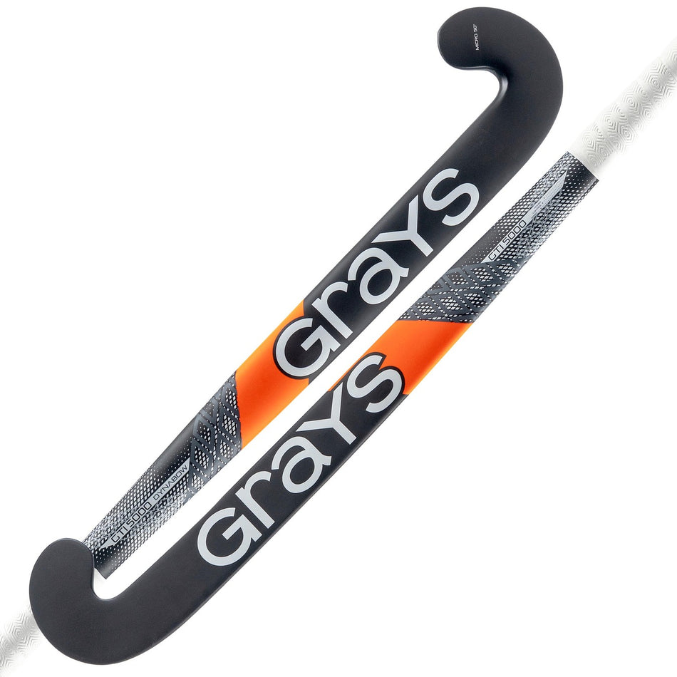 Two black Grays GTI5000 Dynabow Indoor Hockey Sticks with white Grays branding, textured grip, orange and gray diagonal accents near the handle, and a Dynabow blade for enhanced control on the field.