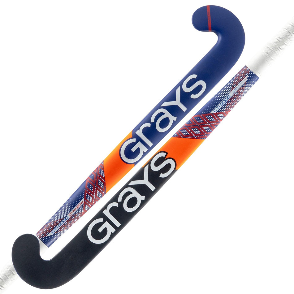 Two Grays GTI4000 Dynabow Indoor Hockey Sticks—one mainly blue with red and orange accents, the other black with white and orange designs. Both have curved ends, making them perfect for all-round gameplay.