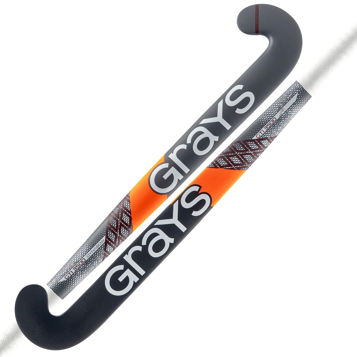 Two black Grays GTI3500 Dynabow indoor hockey sticks with grey handles are shown. Both feature large white "Grays" lettering and orange and white geometric designs, ideal for all-round gameplay.