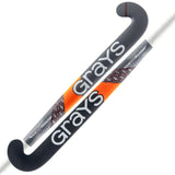 Two black Grays GTI3500 Dynabow indoor hockey sticks with grey handles are shown. Both feature large white "Grays" lettering and orange and white geometric designs, ideal for all-round gameplay.