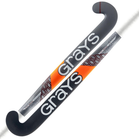 Two black Grays GTI3500 Dynabow indoor hockey sticks with grey handles are shown. Both feature large white "Grays" lettering and orange and white geometric designs, ideal for all-round gameplay.