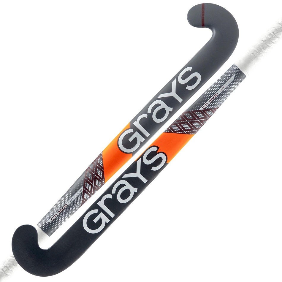 Two black Grays GTI3500 Dynabow indoor hockey sticks with grey handles are shown. Both feature large white "Grays" lettering and orange and white geometric designs, ideal for all-round gameplay.