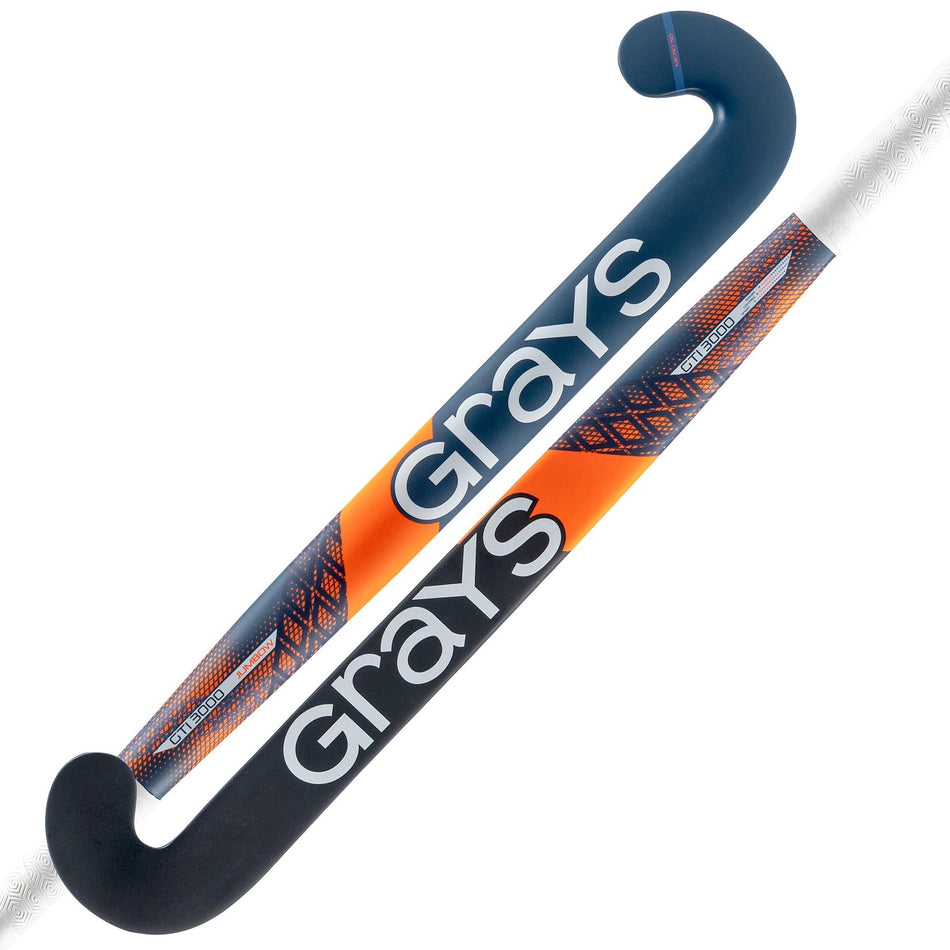 Two Grays GTI300 Jumbow Indoor Hockey Sticks in black, orange, and white feature a low bow design for superior drag-flicking performance. The Grays brand name is prominently displayed on each stick.