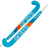 The Grays GTI2500 Dynabow Indoor Hockey Stick features a blue design with orange and blue geometric patterns, bold white Grays branding, and soft composition—ideal for all-round indoor gameplay.