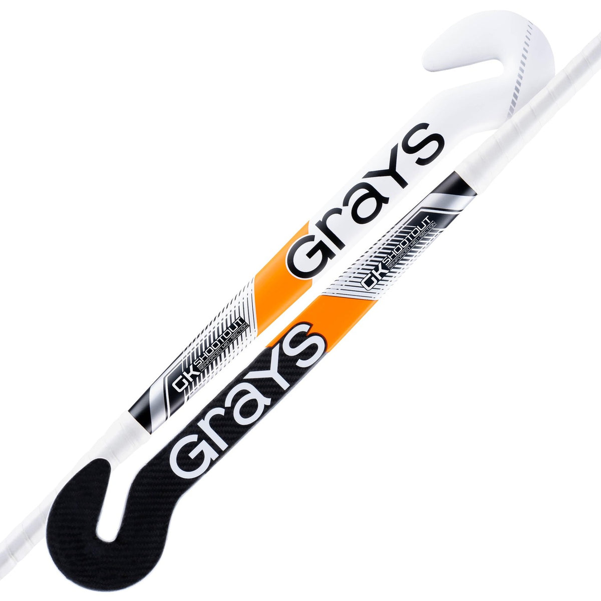 Two Grays Shootout GK Hockey Sticks in white, black, and orange feature bold Grays branding, curved blades, and a textured lower grip—ideal for goalkeeping shootouts or practicing penalty shuttles.