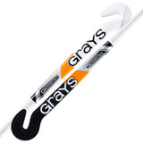 Two Grays Shootout GK Hockey Sticks in white, black, and orange feature bold Grays branding, curved blades, and a textured lower grip—ideal for goalkeeping shootouts or practicing penalty shuttles.
