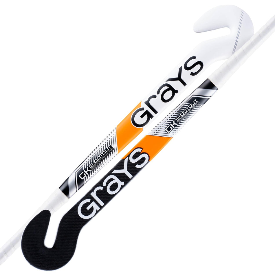 Two Grays Shootout GK Hockey Sticks in white, black, and orange feature bold Grays branding, curved blades, and a textured lower grip—ideal for goalkeeping shootouts or practicing penalty shuttles.