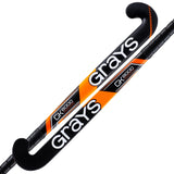 The Grays GK8000 Ultrabow Hockey Stick features black design with orange and white accents, a triple-gripped handle for superior control, and an ultrahigh balance point to enhance your performance on the field.