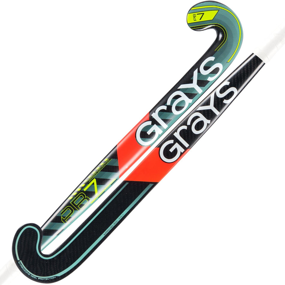 Two Grays PB7 Senior Hockey Sticks, mainly black with red, green, and white accents, overlap. Both display the Grays brand in white and feature a Probow blade designed for advanced 3D field hockey skills.