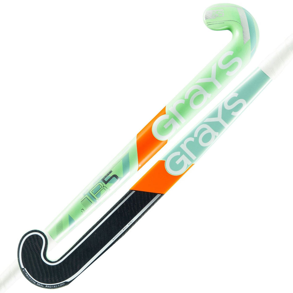 Two views of the Grays JB 5 Senior Hockey Stick 2026 display the Grays brand name, a curved Jumbow blade in mint green and white with orange accents, and a black textured grip near the base for powerful ball-striking.