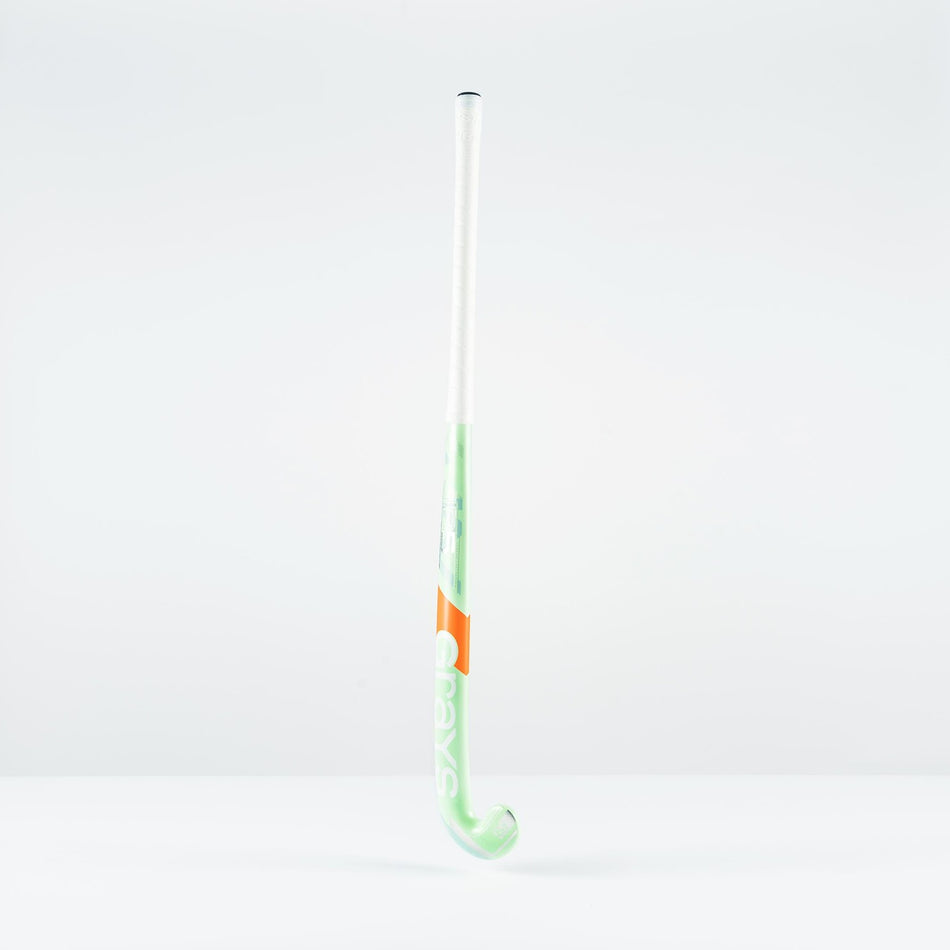 The Grays JB 5 Senior Hockey Stick 2026, featuring a green and white design with orange accents and a Jumbow blade, stands upright against a plain white background, built for powerful ball-striking.