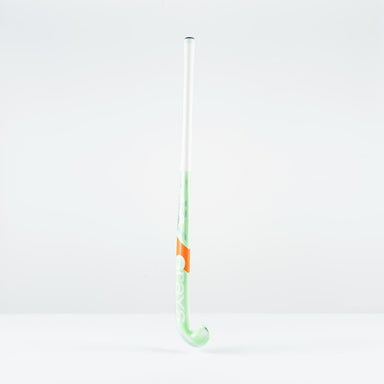 The Grays JB 5 Senior Hockey Stick 2026, featuring a green and white design with orange accents and a Jumbow blade, stands upright against a plain white background, built for powerful ball-striking.