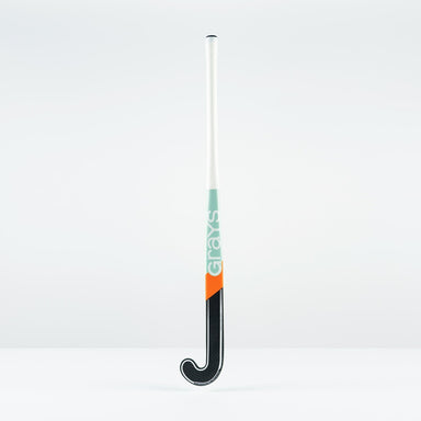 The Grays JB 5 Junior Hockey Stick 2026 stands upright against a plain white background, showcasing its Jumbow blade, white handle, teal and orange band, black curved blade, and the "Grays" brand printed vertically.