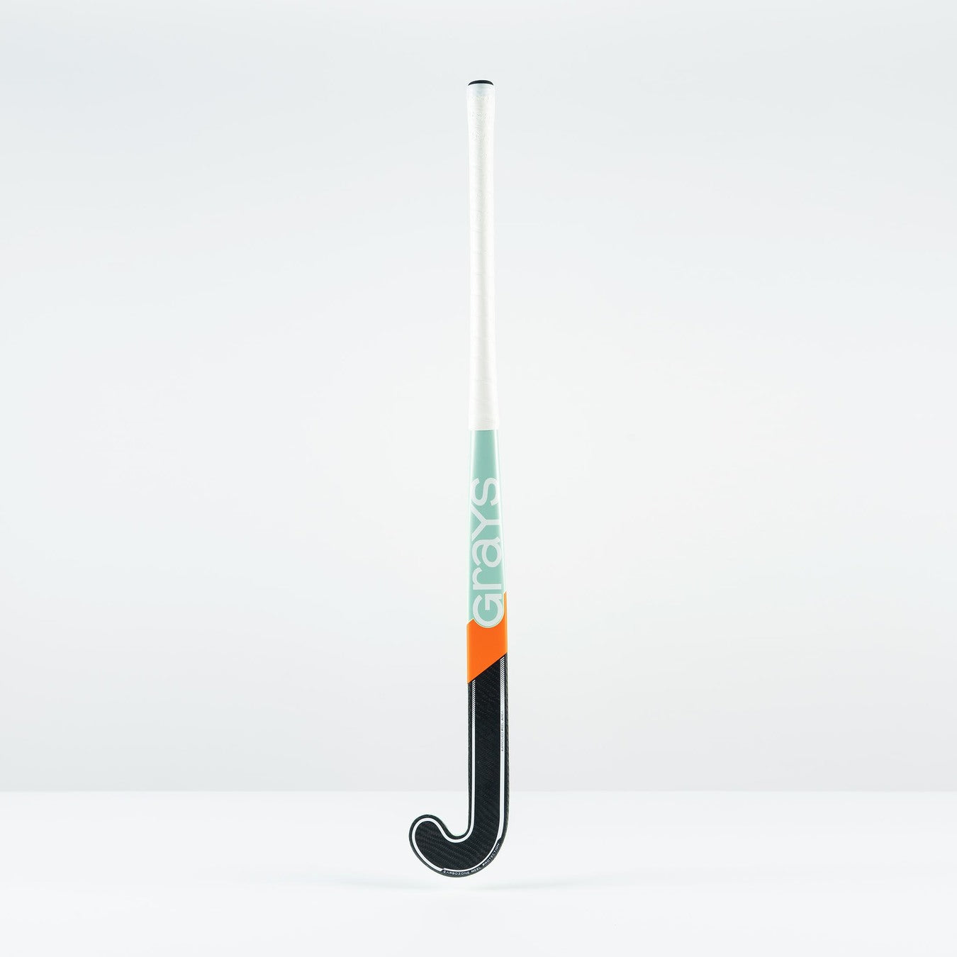 The Grays JB 5 Senior Hockey Stick 2026 stands upright against a plain white background, featuring a white handle, light blue and orange midsection, and a black Jumbow blade base—designed by Grays for powerful ball-striking.