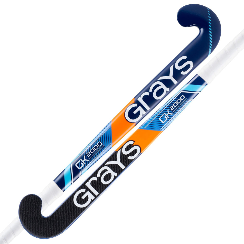 Two Grays GK2000 Ultrabow Hockey Sticks with reinforced mid-sections are crossed. The dark blue sticks feature white and orange geometric accents, with "Grays" in bold white letters along the shaft.