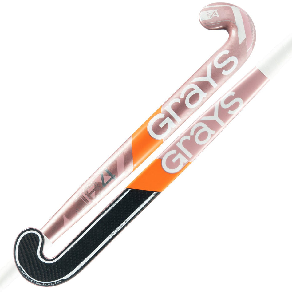 Two pink Grays JB 4 Senior Hockey Stick 2026 models with orange and black accents, bold white Grays branding, a unique white and black grip, and Jumbow blade profile for enhanced performance.