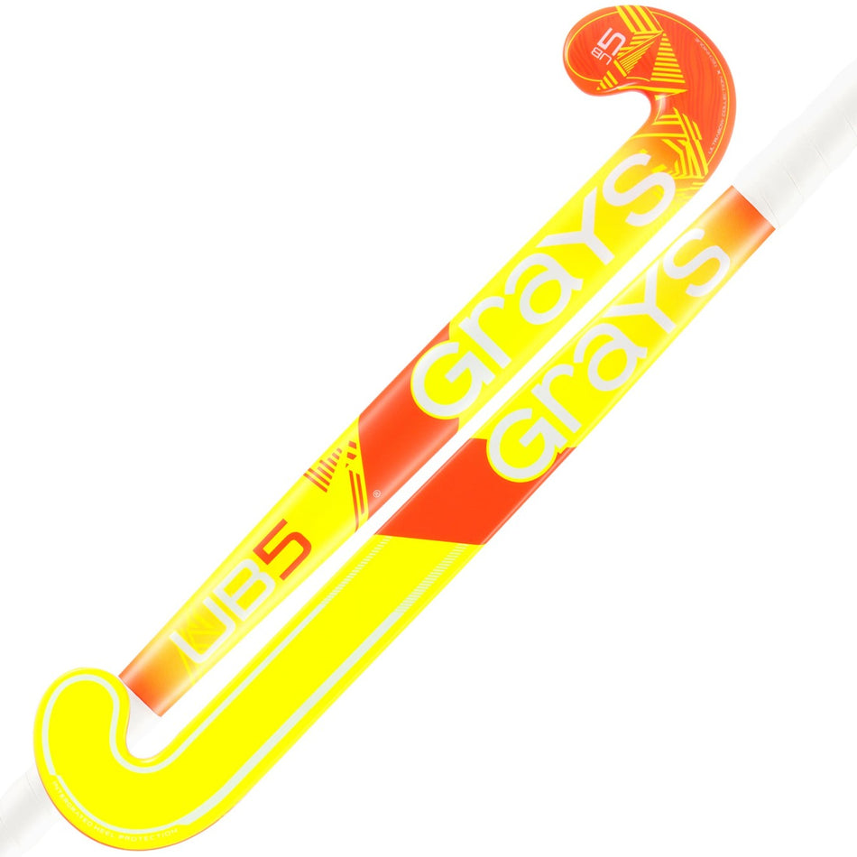 The Grays UB5 Senior Hockey Stick by Grays features a yellow and orange design with Ultrabow blade and UB 5 text near the curved end, ideal for developing core hockey skills with modern, bold graphics.