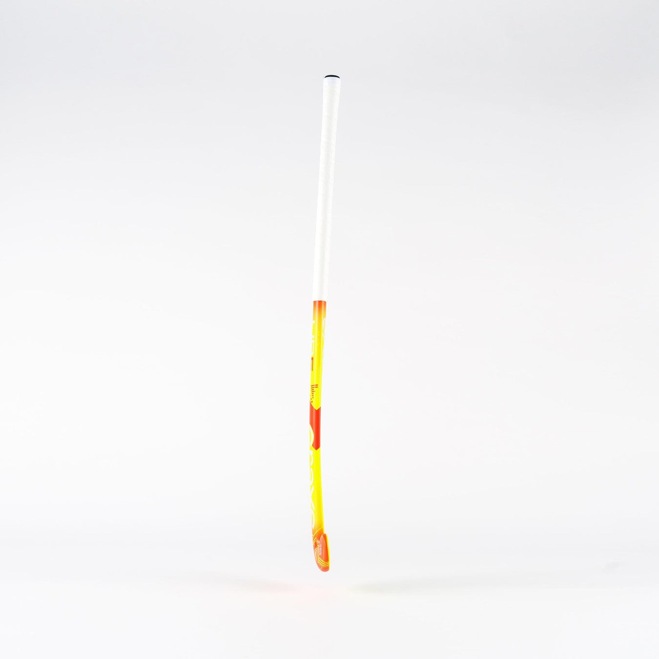The Grays UB5 Junior Hockey Stick by Grays, shown upright against a white background, features a yellow and orange design with a white grip and an Ultrabow blade for intermediate power.