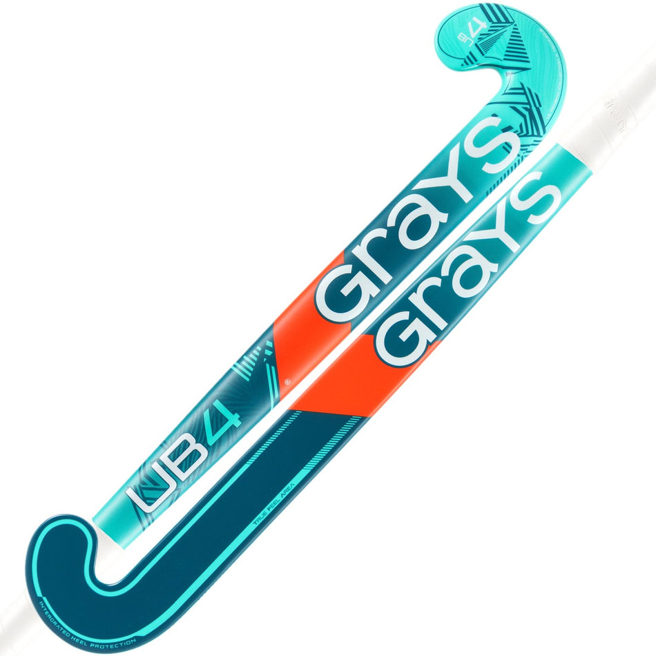 Two Grays UB4 Junior Hockey Sticks in Aqua/Teal are shown crossed and angled on a white background.
