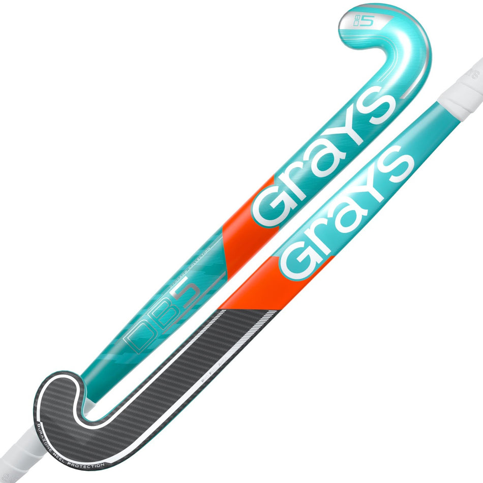Two Grays DB 5 Senior Hockey Sticks 2026 in turquoise and orange with white GRAYS branding, black textured lower shafts, and white grips are pictured overlapping on a plain white background.