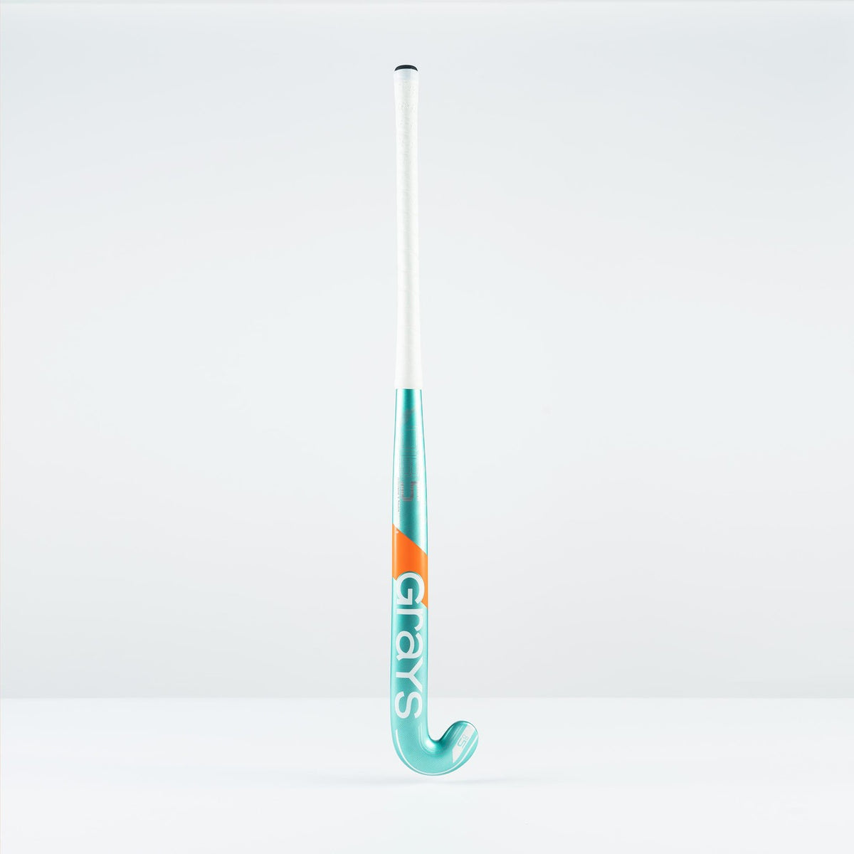 A teal and white Grays DB 5 Senior Hockey Stick 2026 with an orange accent and "atlas" on the shaft stands upright against a plain white background.
